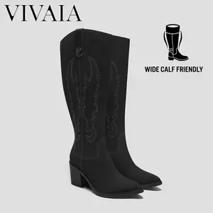 VIVAIA Wide Calf friendly Pointed-Toe Western Knee-High Boots with Embroidered Design and Chuncky Heel, Water Repellent, Wide Calf Boots for Western Events Horseriding, Cowboy Boots, Suitable for Vacations (Willow&Wynne)