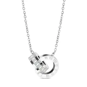 Stainless Steel Interlocking Circle Roman Numeral Crystal Necklace