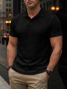 Men's Summer Plain Knit Business Casual Polo Shirt, Short Sleeve Fitted H-Type, Daily Office Wear, Vacation