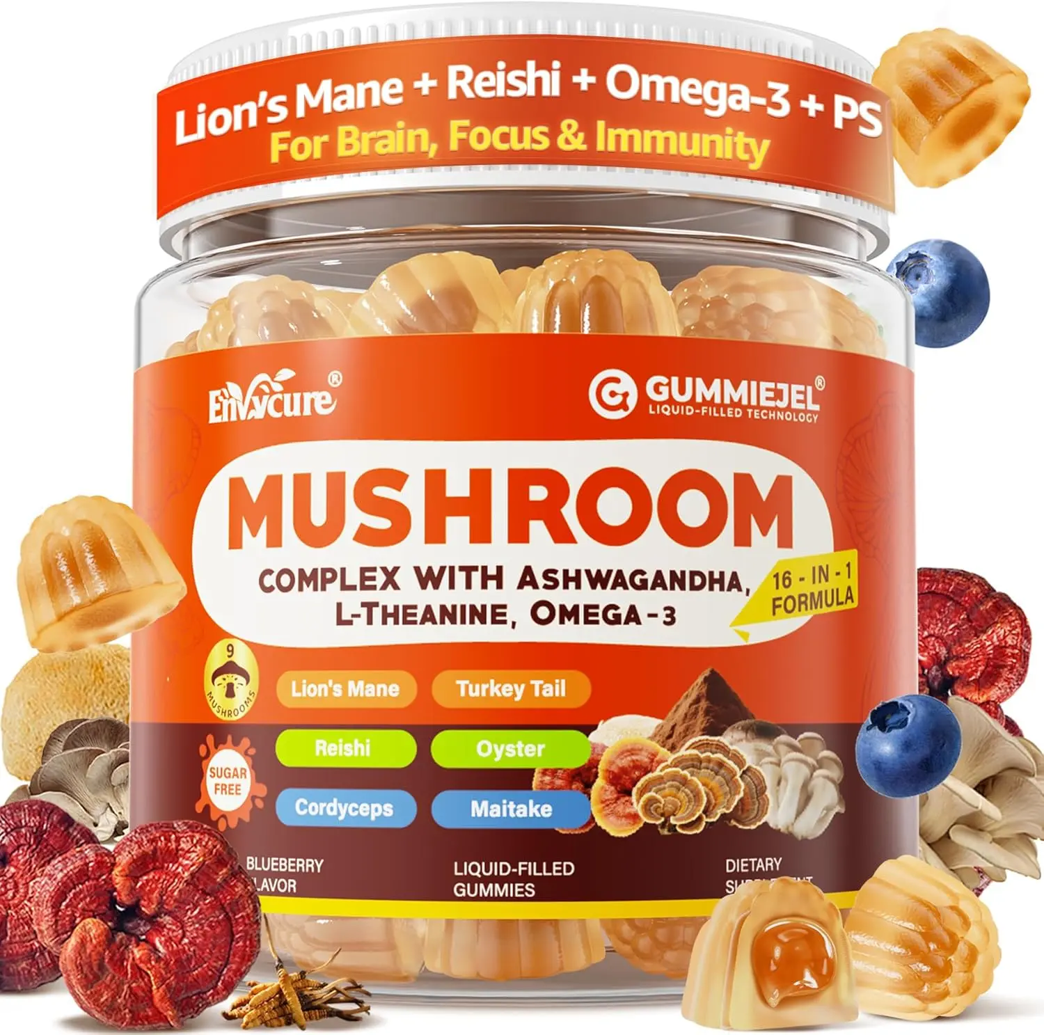 Brain Supplements for Memory and Focus 16 in 1 Mushroom Gummies with Lions Mane Reishi Chaga PS B12 Omega 3 L Theanine and More Brain Focus Vitamins for Adults Cognitive and Immunity Support 60 Count Daily Focus and Immune Wellness Formula