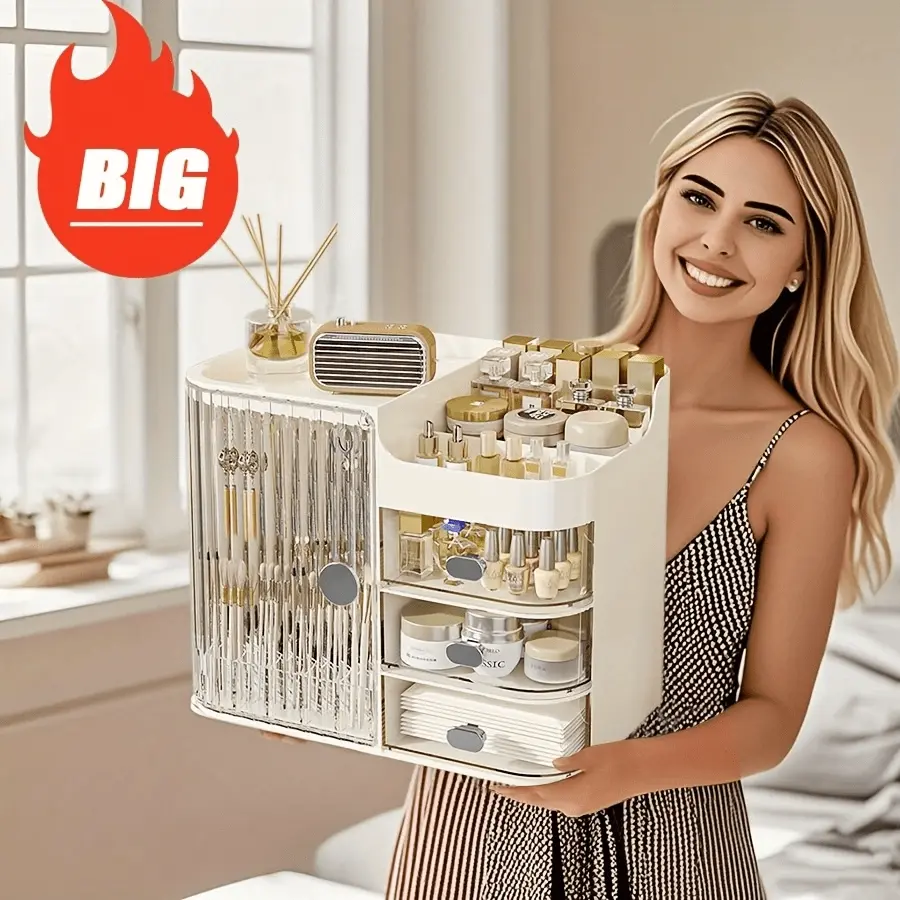 Multifunctional Cosmetic Storage Box, Semi-Open Large Capacity, With Drawers And Mirror, Suitable For Cosmetics And Skincare Essentials, Perfect For Bathroom Vanity, Office Desk And Dressing Table, Makeup Organizer, Large Cosmetic Organisers