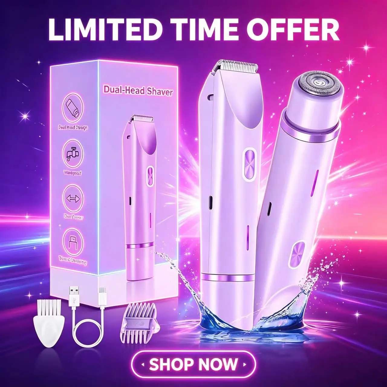 Women's Electric Razor, Cordless Portable Shaver, Bikini Trimmer, Dual Head, Waterproof, Pain-Free, Public Hair Clipper, Waterproof Pubic Shaver, Model Zb-0236L, 5v Power Consumption