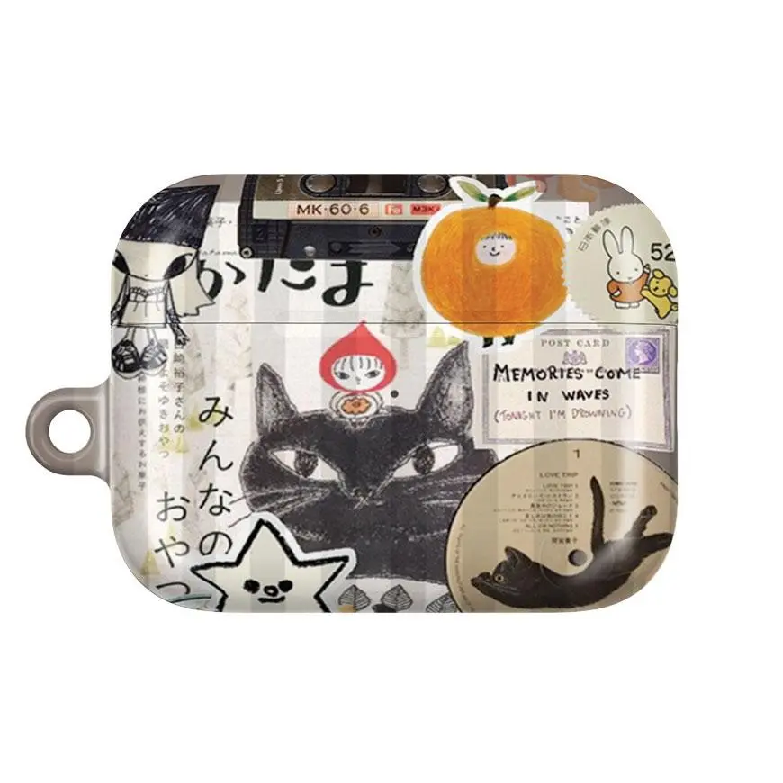 Vintage Cat AirPods Case for AirPods 1 2 3 4, AirPods Pro 1 2 3, Japanese Retro Collage Aesthetic Black Cat Earbuds Cover