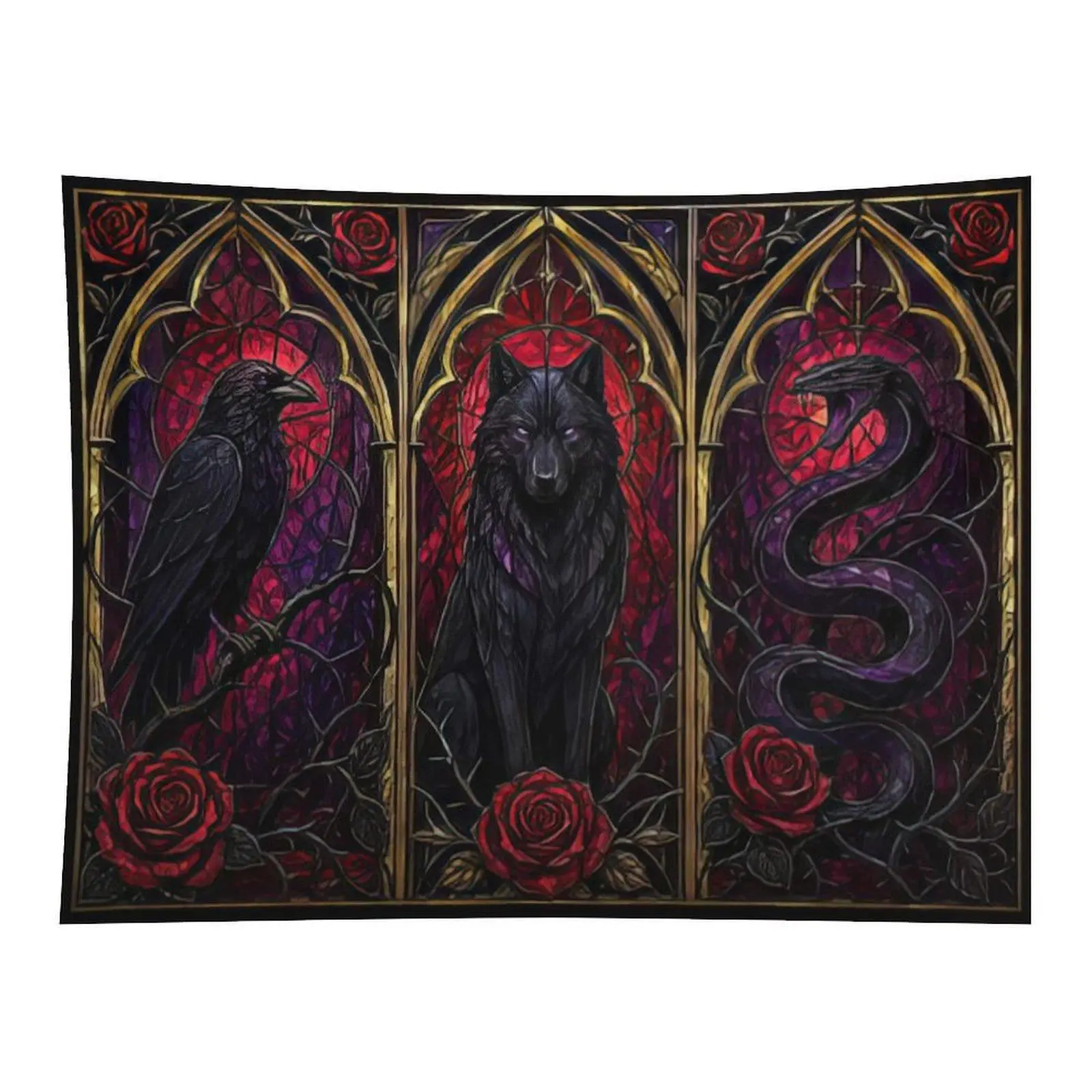 Gothic Stained Glass Raven Wolf Snake Wall Tapestry, Dark Red Rose Medieval Window Art for Mystic Witchy Home Bedroom Wall Decor