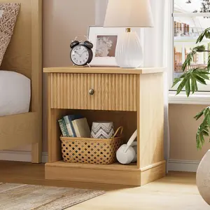 Wood Nightstand with Drawer & Open Shelf, Fluted Bedside Table for Bedroom/Living Room - Mid-Century Style