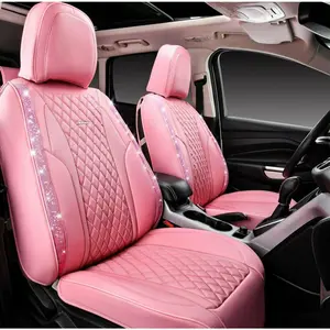 Full Car  Leather Bling Diamond Seat Covers Full Seats, Waterproof Heavy-Duty Anti-Slip, Universal Car, Truck, Glitter Sparkle (Pink Rhinestone Leather)