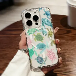 Trendy Watercolor Turtle iPhone Case Ultra Durable Shockproof Hard Shell with Magnetic Ring for Wireless Charging Compatible with iPhone 17 to X Pro Max Plus Air Versions