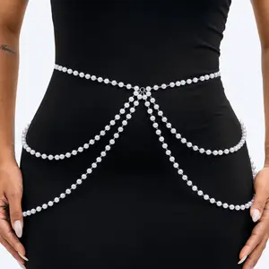 Navoky Layered Pearl Waist Chain Bohemian Multilayered Belly Chain Pearls Silver Body Chain for Women and Girls