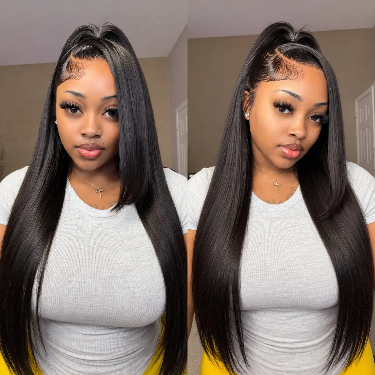 Cynosure Hair 13x6 Pre Cut Drawstring Lace Frontal Straight Wigs 220% Density HD Lace Skin Melted Brazilian Straight Human Hair Wigs Glueless Ready to Wear Wigs For Women