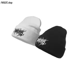 Unisex solid embroidered gothic punk knit beanie, warm soft acrylic ski skull cap. Adjustable streetwear design, perfect for autumn and winter. Ideal for couples daily wear with cool summer vibes.