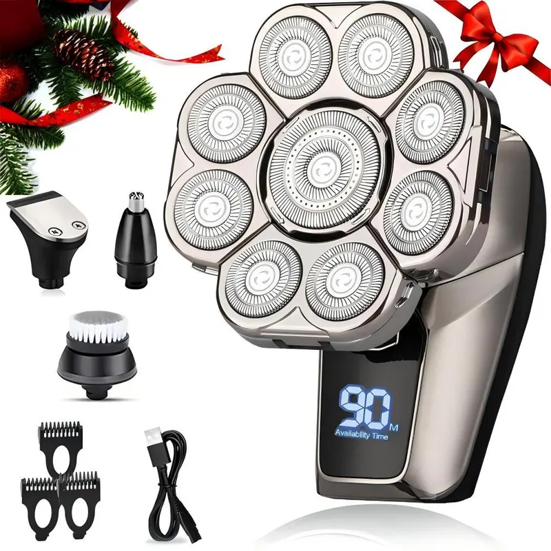6-in-1 Electric Head Shaver, Waterproof Wet/Dry Grooming Shaver & Accessories, Cordless Rechargeable Bald Head Razor for Home & Travel, Multifunctional Epilator