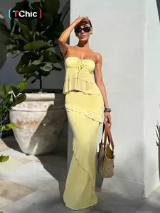 Women's Solid Blackless Tube Top & Ruffled Bodycon Skirt Set, Matching Casual Fashion Cozy Knit Two-piece Outfits for Daily Holiday Vacation Wear, Ladies Clothes for Summer Easter