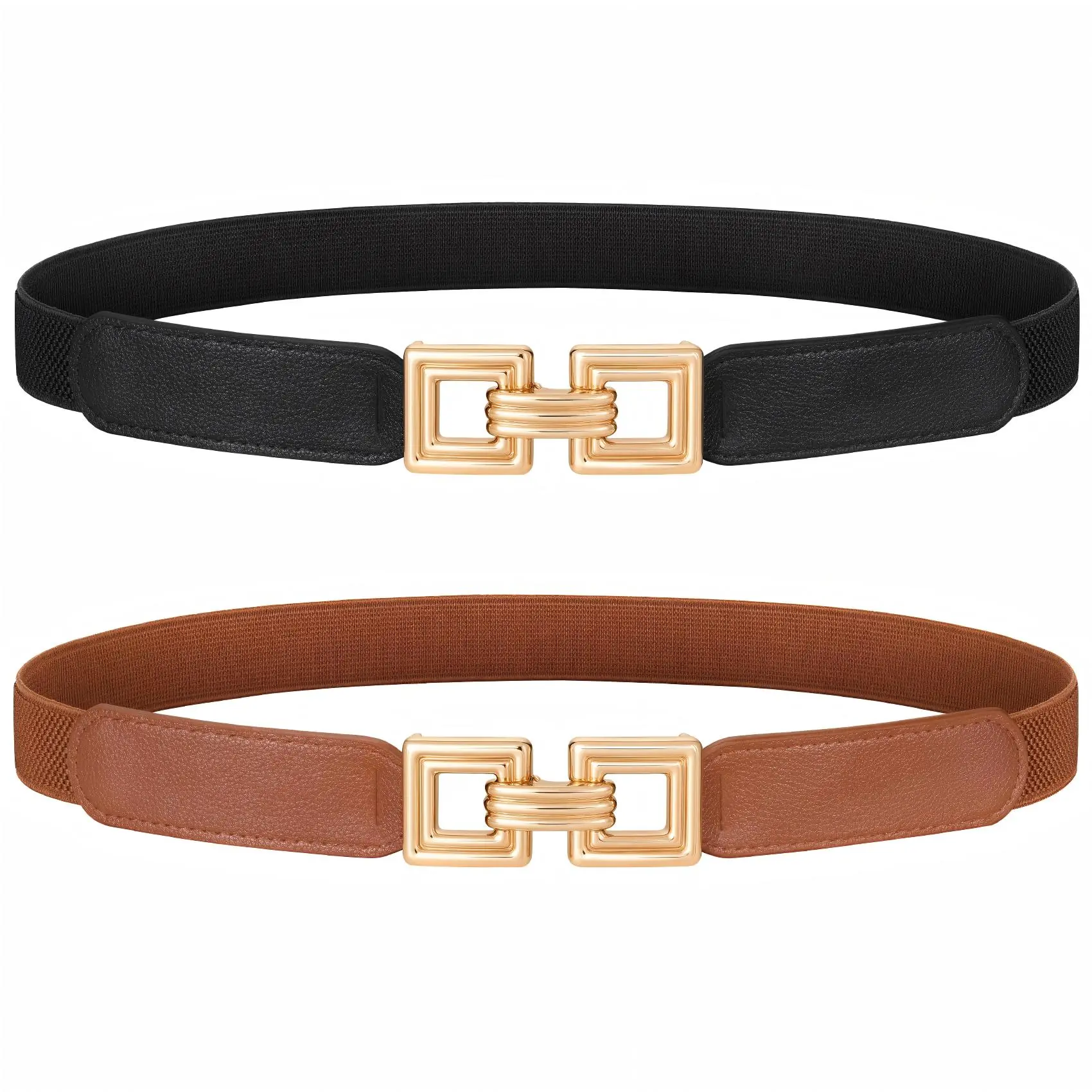 SUOSDEY 2 Pack Women Skinny Stretchy Cinch Belt for Dresses, Thin Elastic Belt Ladies Waist Belt with Retro Gold Buckle