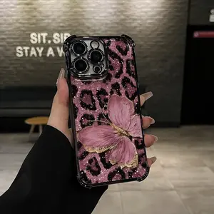Butterfly Pink Leopard Pattern Four-corner Drop-proof TPU Phone Case for iPhone 17 16 15 14 Pro Max 13 12 11 XR XS Plus Shockproof Full Camera Protection Durable Slim Silicone Case