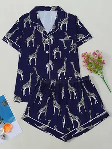 Women's Cute Giraffe Print Pajama Set, Loungewear Pjs Set, Short Sleeve Shorts, All Seasons, Soft Comfortable Homeewear, Button Front Casual