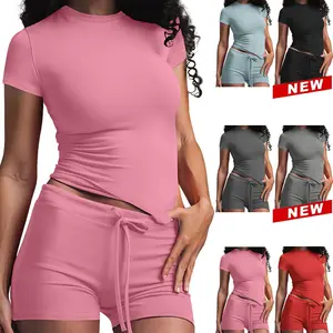 2-piece set casual workout homewear for women, featuring a round neck T-shirt and drawstring shorts, solid color for outdoor use.