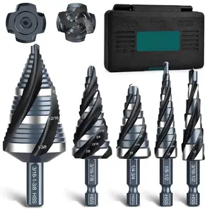Four Spiral Flute Step Drill Bit Set, 1/8"-/8" (59 Sizes), 5 count  Steel Unibit Step Bits with 1/4" and 3/8" Hex Shank for Stainless Steel,Metal,,,Plastic