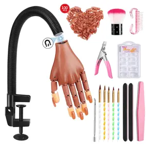 Magnetic Articulated Nail Training Hand with Bendable Arm – Complete Manicure Practice Kit Including 100pcs Clear Nail Tips, Pink Nail Brush, 5pcs Gold Crystal Nail Brushes, Pink Nail File & Dead Skin Pusher for Nail Art Practice