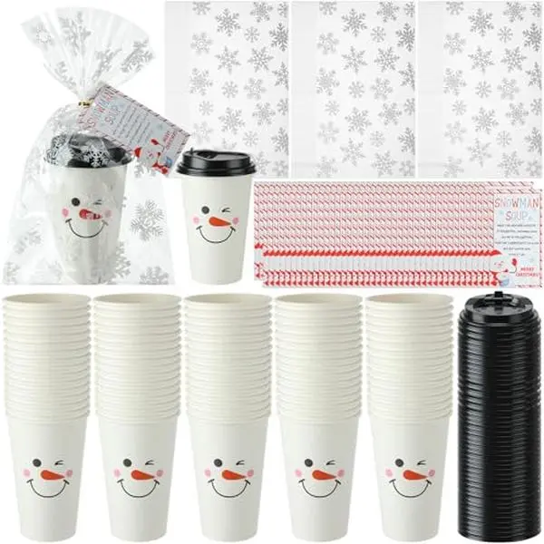 25/100Pcs Christmas Snowman Disposable Paper Cups with Lids Set, Snowflake Cellophane Bags + Twist Ties, Hanging Xmas Soup Tags for Hot Cocoa Chocolate, Winter Holiday Party Supplies for Teachers, Classroom, Bags + Tags