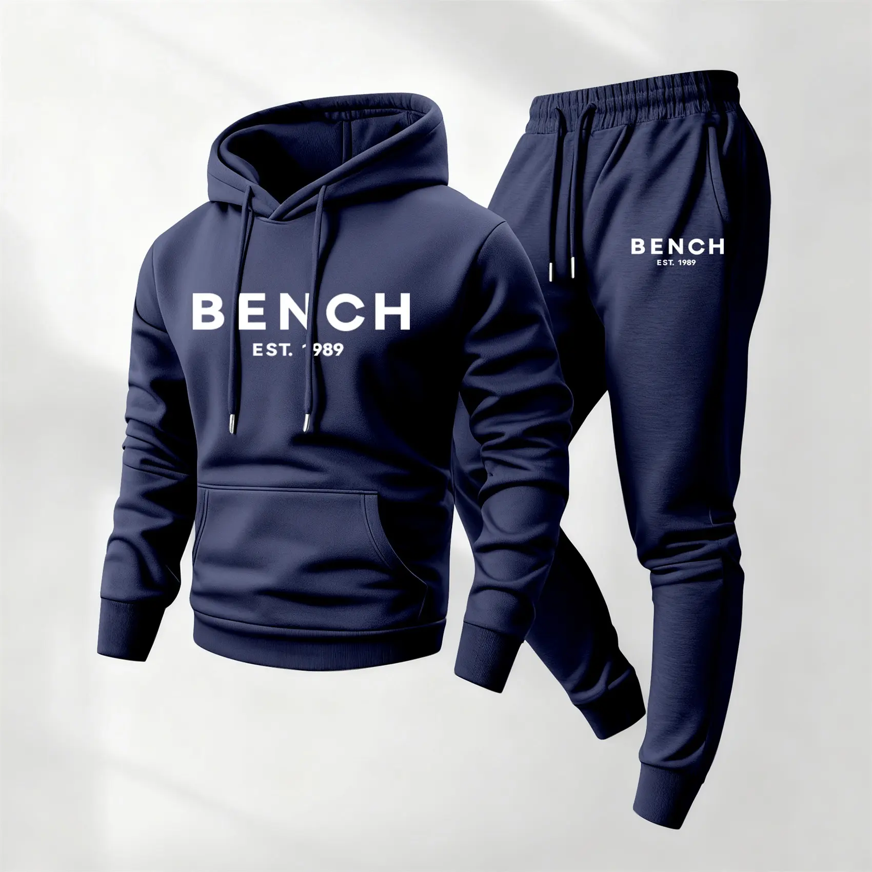 Men's Bench Printed 2-Piece Hoodie & Drawstring Sweatpants Set - Casual Fit, Sweatset Style, Menswear for Athletes, Sporty Men's Clothing Sets, Long Sleeve Hooded Jacket & Trousers for Fall/Winter Daily Wear