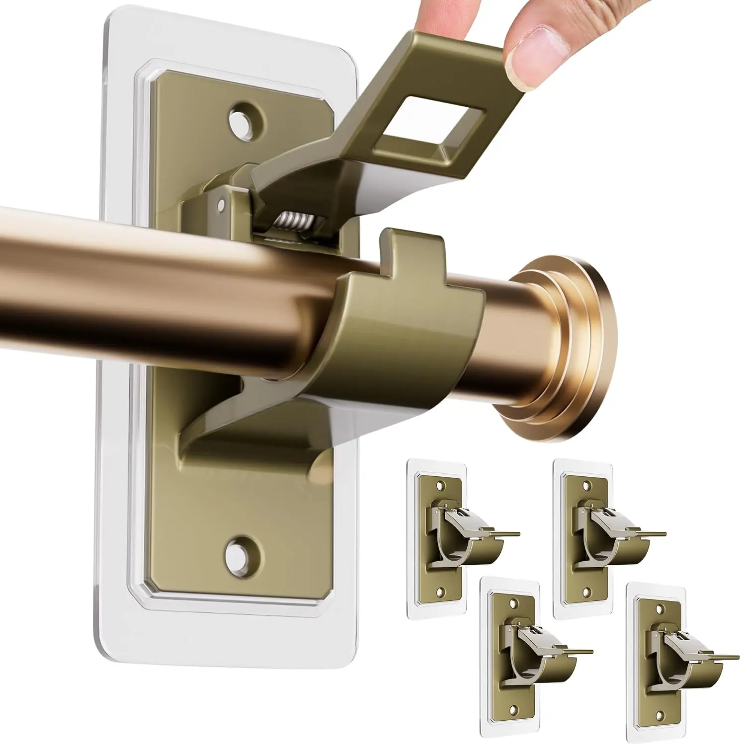 4 Pack Heavy-Duty Plastic Adhesive Curtain Rod Brackets - Adhesive Mount, No Drilling Hook-Style Holders for Apartment Dorms, All Surfaces (Rustic Brown)