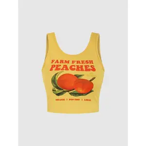 Women's Peach Print Scoop Neck Crop Top, Casual Sleeveless Ribbed Top for Summer, Ladies Clothes for Daily Wear