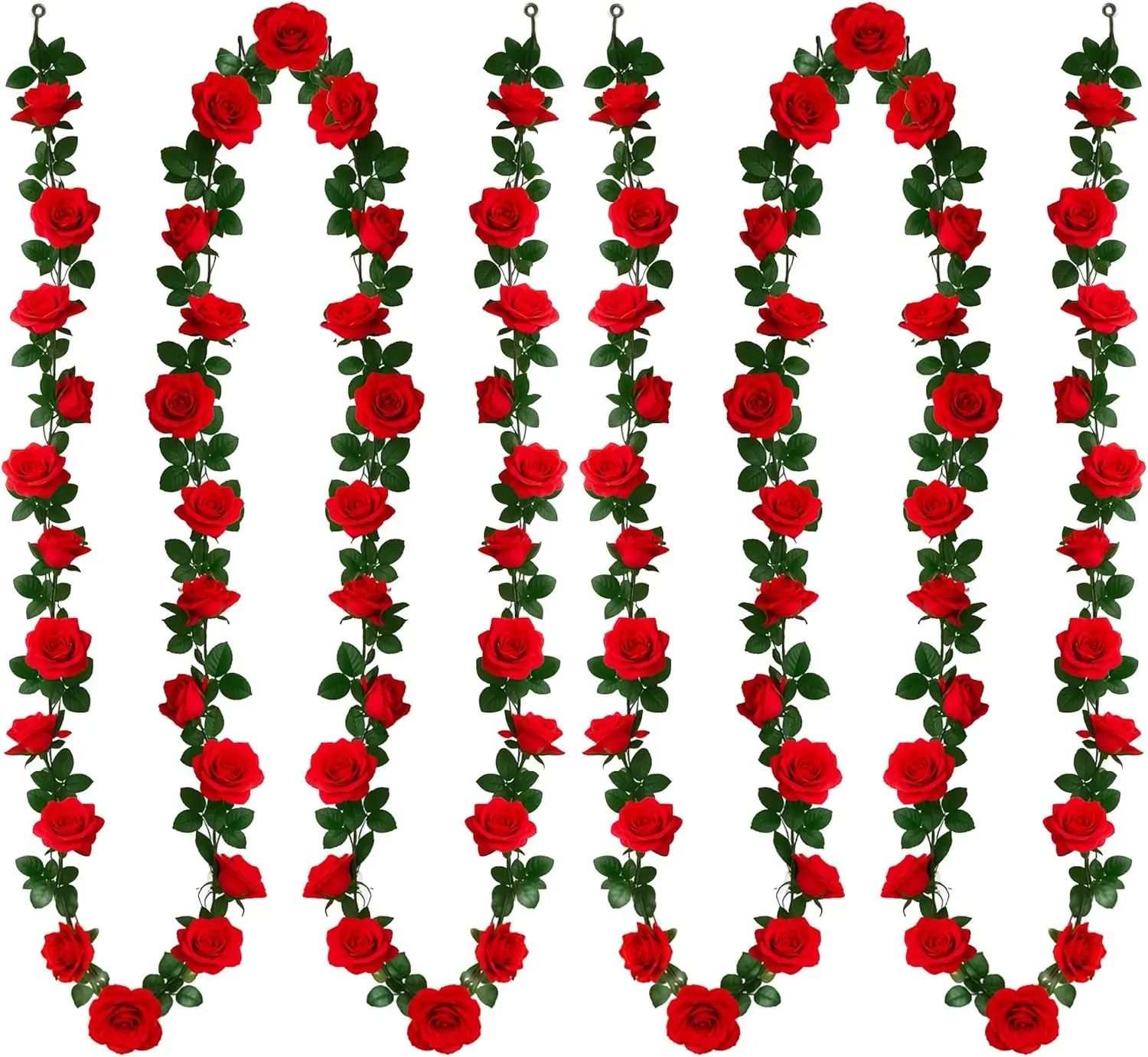 15.8FT Red Rose Fake Flower Garland 2Pack 90 Roses Artificial Vines Decor | 7.9Ft Each Rose Vine, 45Roses Per Strand, Polyester, Waterproof and Fade-Resistant, for Wedding Backdrop, Garden Party Decor