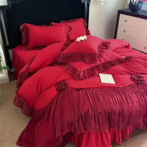 3pcs Washable Skin-Friendly Fabric Bedding Set, Wide Lace French Style, Includes 1 Duvet cover and 2 Pillowcases without padding, Soft Comfort, Soft Bedding Sets, All Seasons