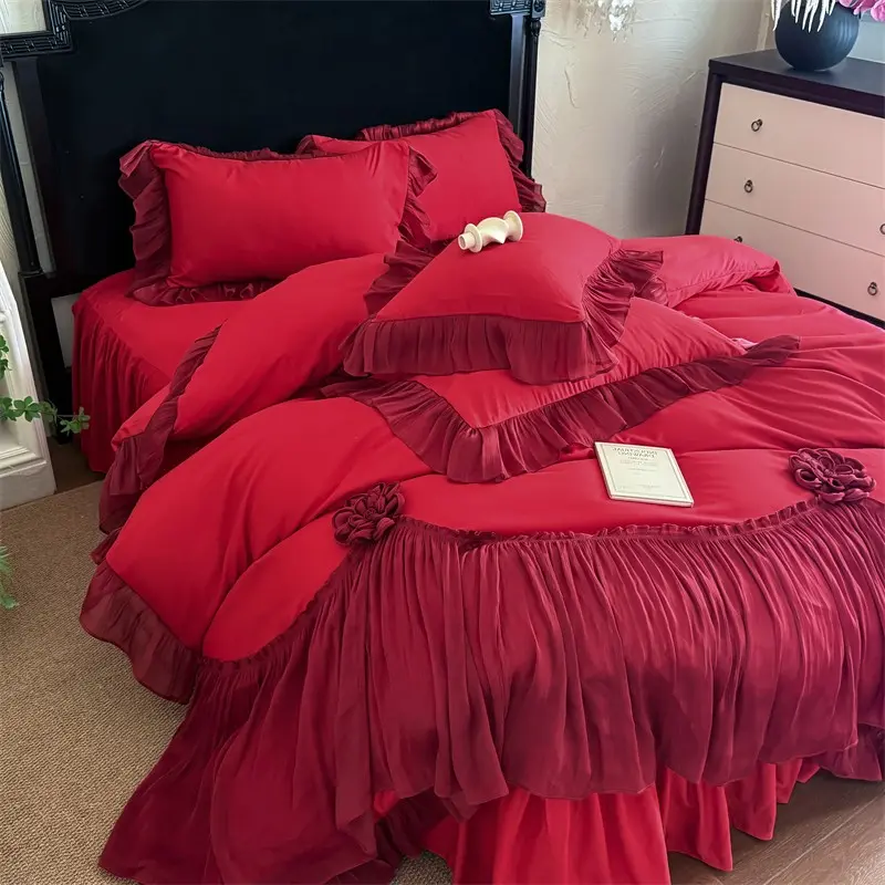 3pcs Washable Skin-Friendly Fabric Bedding Set, Wide Lace French Style, Includes 1 Duvet cover and 2 Pillowcases without padding, Soft Comfort, Soft Bedding Sets, Comfy Bedding Set, All Seasons