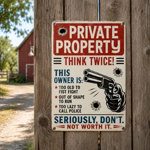 Vintage Aluminum Rectangle "Private Property Think Twice" Sign, Lightweight Waterproof Farmhouse  Security Wall Hanging Decor,  Supplies Gift home