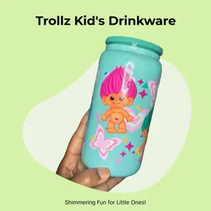 Trollz Shimmer Glass Cup with Pink Hair and Butterfly Design for Kids 16 oz Glass Can Perfect for Everyday Use or Special Occasions
