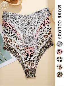 Women's Leopard & Cherry Pattern Underwear Set, Fitted Casual Style, All Season Comfortable Breathable Seamless Design, 10-Piece Pack