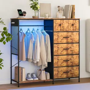 Garvee 49.2" W Dresser for Bedroom with Hanging Rack, 6 Fabric Drawers Dresser with Clothes Rack, Wooden Top Storage Chest of Drawers with Charging Station & LED Lights, Grid Panel, Brown