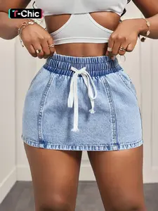 Women's Summer Denim Mini Skirt, Slim-Fitting Elastic Waist Belted Design, Casual Chic Fashionable Jean Half-Skirt for Daily Wear