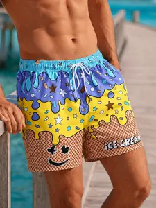 Ice Cream Print Swim Trunks Mens Above Knee Beach Shorts Drawstring Elastic Waist Graphic Summer Pool Vacation Board Shorts Funny Drip Pattern Swimwear for Beach Day Pool Party Resort Travel Weekend Trip