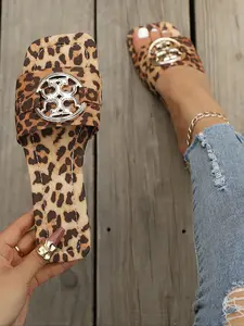 2026 New Leopard Print Square Toe Slip-On Sandals, Luxurious Round Buckle Outdoor Slippers, High-End Versatile Flat Shoes