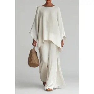 Women's 2-Piece Linen-Blend Clothing Set - 2026 New Arrivals, Simple Loose-Fit Shirt, Wide-Leg Pants