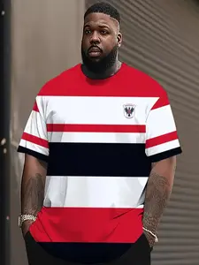 Men's Plus Size Loose-Fit Geometric Pattern Short Sleeve Round Neck Casual T-Shirt, Breathable Polyester Blend Fabric, Ideal for Sports & Daily Wear, Stripe, Menswear, Print, Streetwear, Top, Casual Fashion Clothing