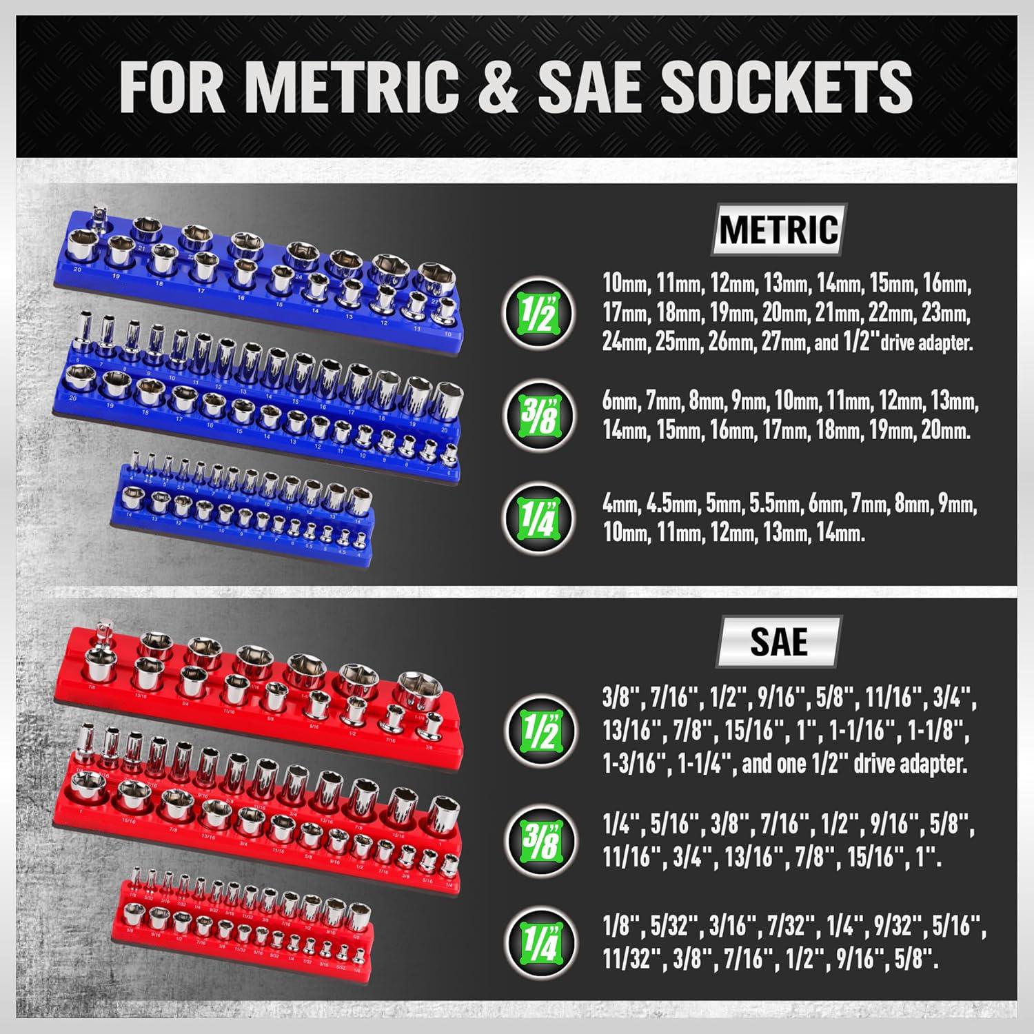 Magnetic Socket Organizer Set, Various specifications, 1/2-inch, 3/8-inch, 1/4-inch Drive, Holds 143 SAE&Metric Sockets, Red & Blue, Professional Quality Tools Organizer Hardware Heavy Duty #TikTokShopBlackFriday