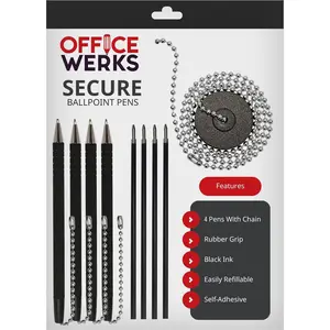 Secure Ballpoint Pen With Chain And Desk Pen Holder Adhesive, Reception Counter Pen With 26" Ball Chain, 4 Pens With Chain Attached Per Pack, Rubber Grip, Black Ink, Easily Refillable