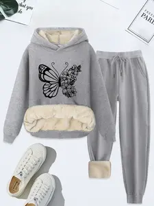 Women's Butterfly & Floral Print Hoodie Set, Casual Loose Fit Two-Piece, Fall Winter Long Regular Length, 2 Piece Set