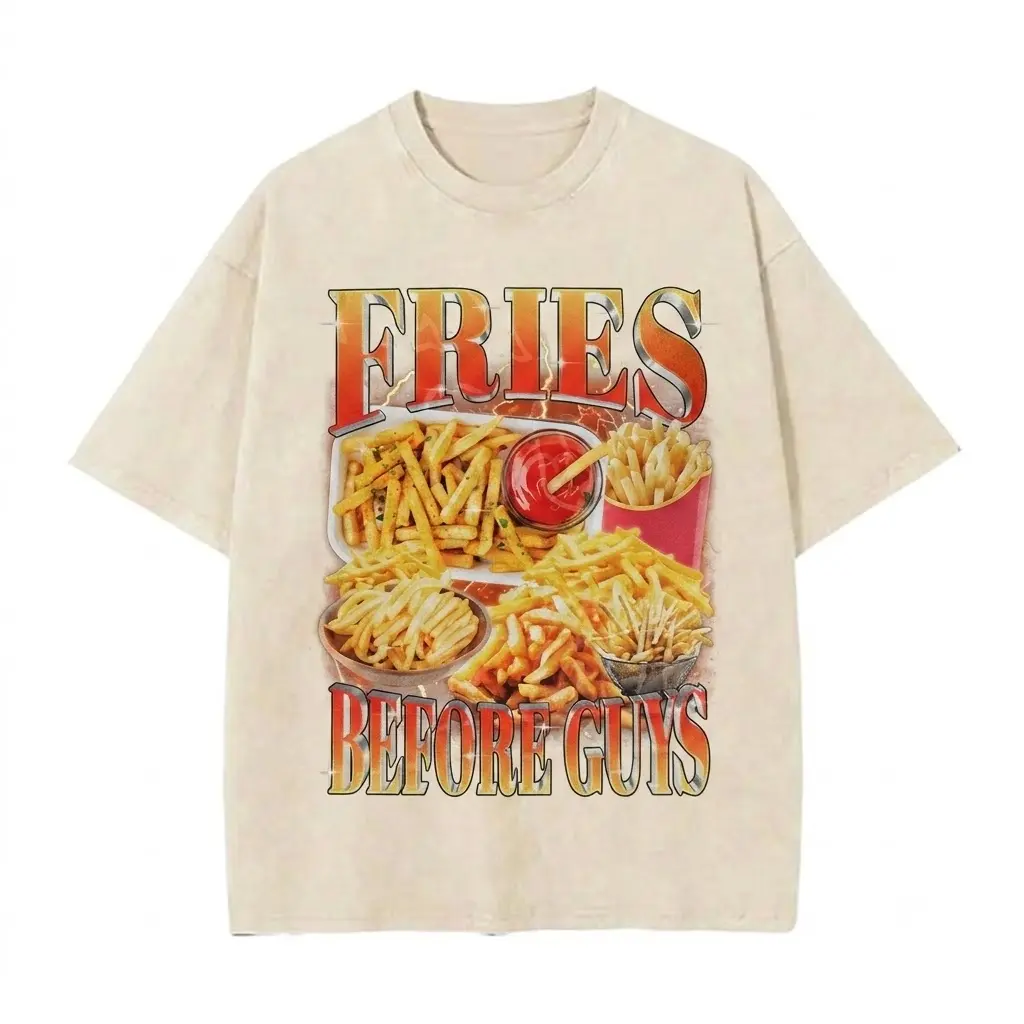 Vintage Wash "Fries Before Guys" Graphic T-Shirt Oversized Retro Foodie Tee Funny Slogan Grunge Streetwear