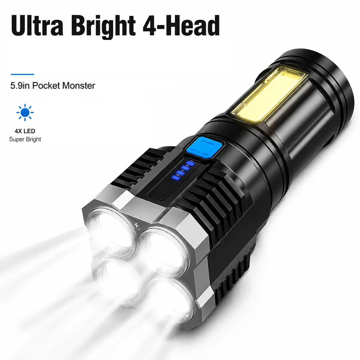 Ultra Bright 4 LED Pocket Flashlight, Rechargeable Handheld Torch Equipped with COB Wide-Angle Side Flood Light, Portable Emergency Light for Camping, Hiking, Fishing, Cycling, Home Repairs, Night Walks, Power Outages & All Night Outdoor Activities