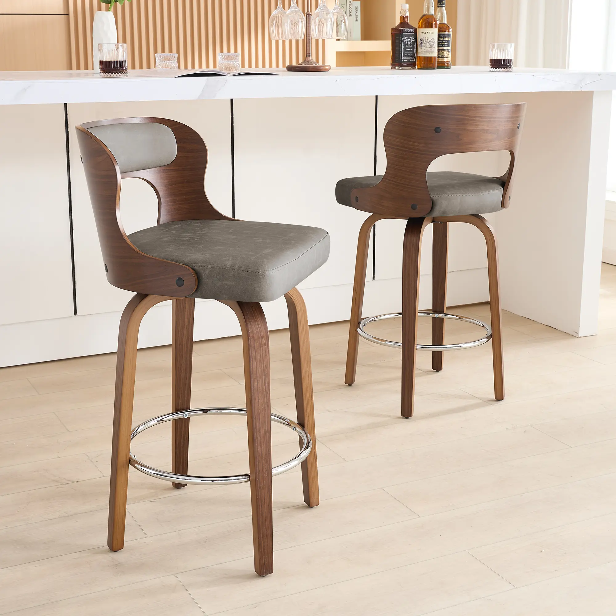 Clinq NEW PU Leather Barstools - 26" Counter Height Mid-Century Modern Swivel Footrest Stools with Bentwood Legs, 360° Rotation for Kitchen, Home Bar, Foot Rest Stools