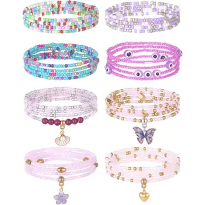 8Pcs 31.5 Inches African Waist Bead Chain Elastic Belly Beads Butterfly Shell Layered Body Chain Colorful Jewelry Accessories for Women
