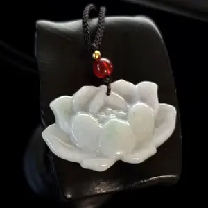 Natural Jade Jadeite Pendant Carved Lotus Flower, Adjustable Braided Cord