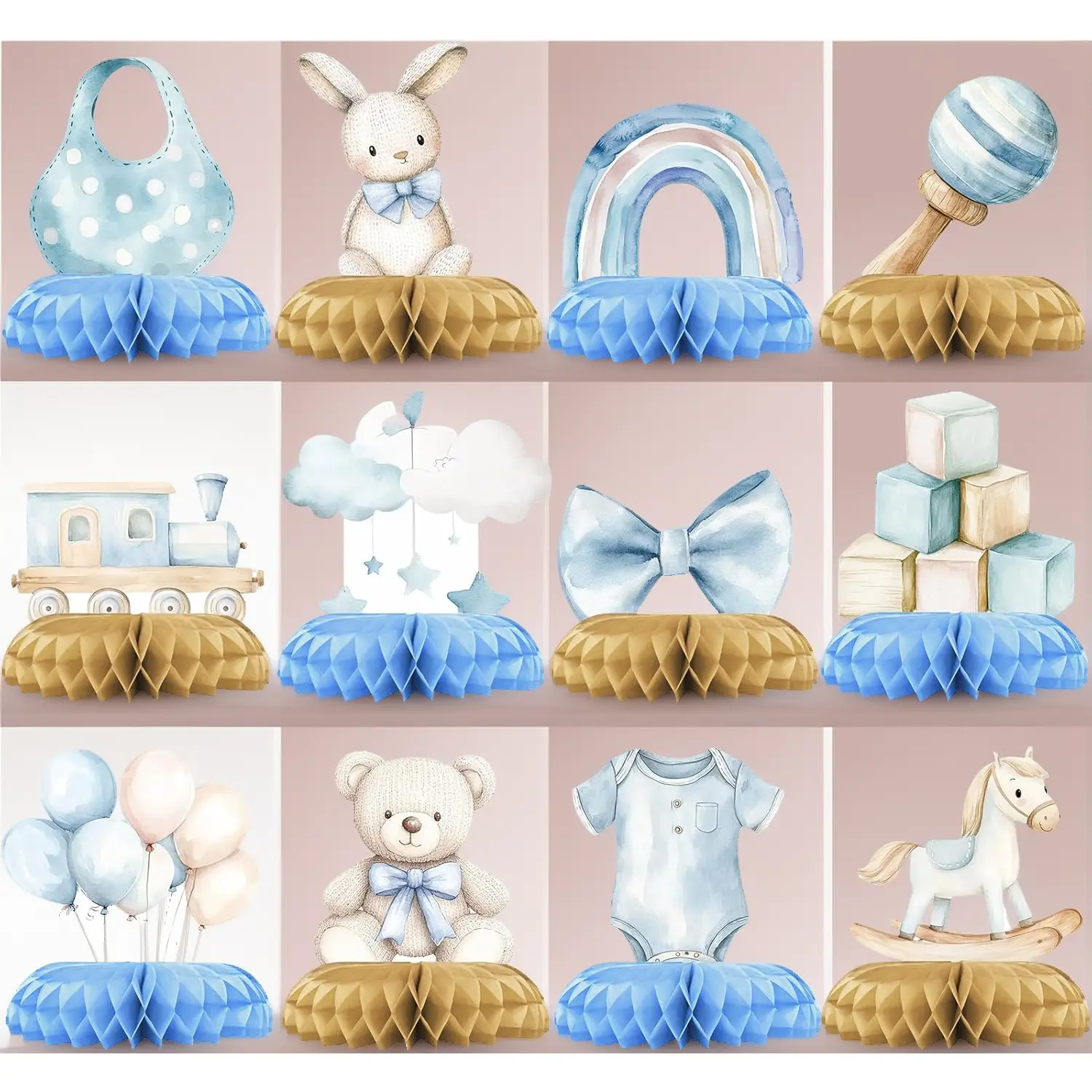 Blue Honeycomb Teddy Bear Baby Shower Centerpieces, 12-Piece Table Decoration for Boy Baby Shower, First Birthday Party, Ornaments, Animal, Paper Honeycomb, Set Pack