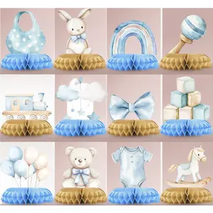 Blue honeycomb baby shower centerpieces 12 pcs teddy bear table decor for boy baby shower and first birthday party