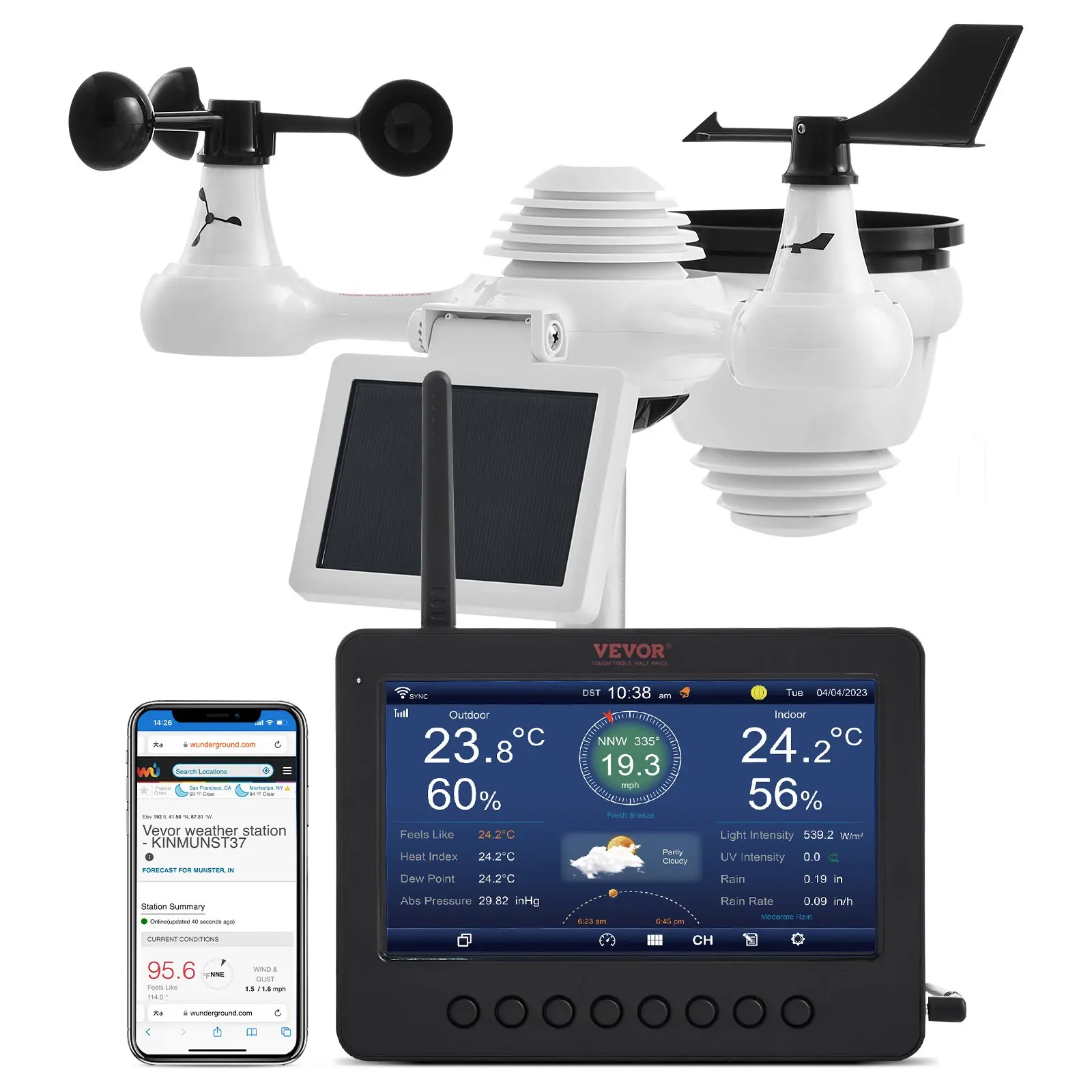 VEVOR 7-in-1 Wireless Weather Station with Wi-Fi, 7 TFT Colorful Display, Solar-Powered Outdoor Sensor, Indoor Outdoor Monitoring, Includes Temperature, Humidity, Wind Speed/Direction, and Rainfall