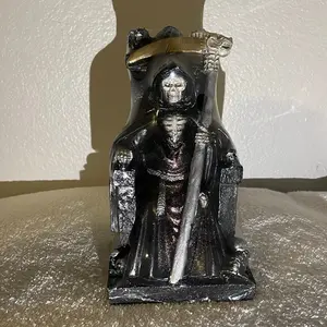8 1/2 Santa Muerte Black Seating Down Figurine with Detailed Design and Unique Features